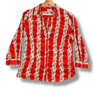 Womens Apple Fruit Print Button Up Blouse Size 8 Red Novelty Shirt Cottagecore